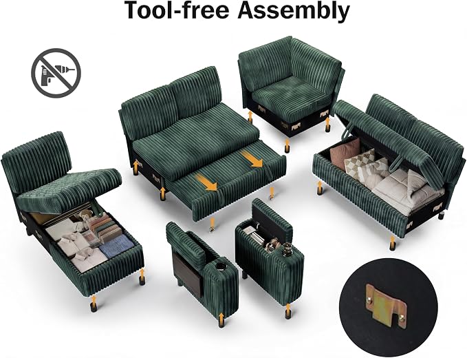 Vipbear 111" Modular Sectional Sleeper Sofa with Pull Out Bed, 7 Seat Plush Corduroy L Shaped Couch with Storage Chaise|USB Ports|Cup Holders|Side Table|Storage Armrests, Tool Free Assembly, Green