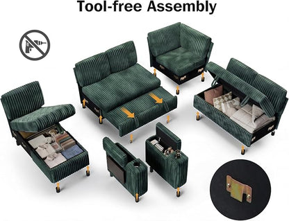 WEUP 111" Modular Sectional Sleeper Sofa with Pull Out Bed, 7 Seat Plush Corduroy L Shaped Couch with Storage Chaise|USB Ports|Cup Holders|Side Table|Storage Armrests, Tool Free Assembly, Green