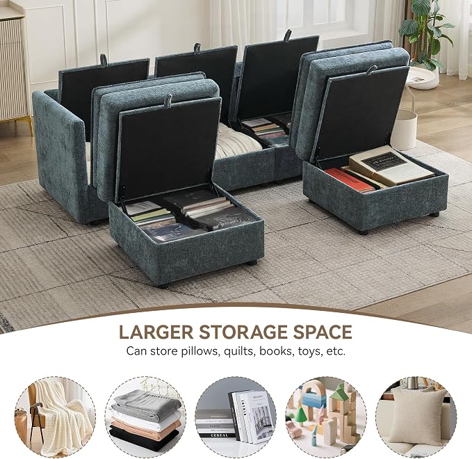 80" Cloud Modular 3 Seater Sofa with 2 Storage Ottoman, Modern Upholstered Storage Sofa Couch Deep Seat, U Shape Sectional Sofa Chenille Comfy Couch with Armrests for Living Room, Small Space, Blue