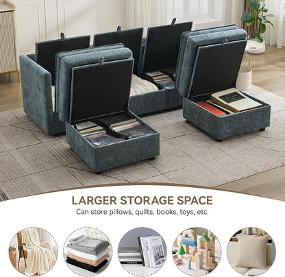 80" Cloud Modular 3 Seater Sofa with 2 Storage Ottoman, Modern Upholstered Storage Sofa Couch Deep Seat, U Shape Sectional Sofa Chenille Comfy Couch with Armrests for Living Room, Small Space, Blue