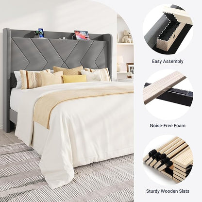 Allewie Queen Size Platform Bed Frame with Charging Station and Storage Shelf/Upholstered Velvet Wingback Headboard/Wooden Slats Support/No Box Spring Needed/Easy Assembly, Grey