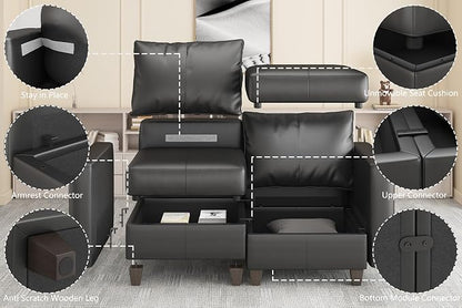 EASE MOOSE Faux Leather Sectional Sofa, Modular Sectional Sofa Couch U Shaped Couch with Storage Ottoman, Black