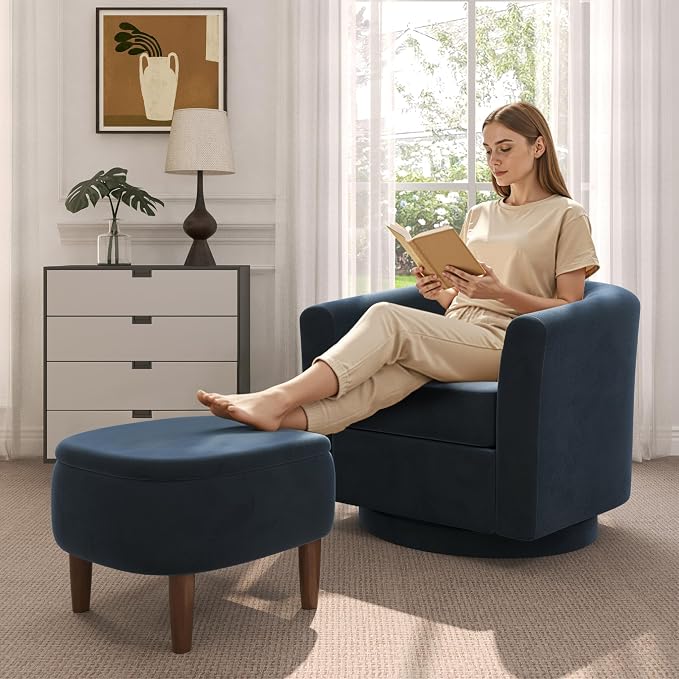 Swivel Accent Chair with Storage Ottoman, Modern Velvet Barrel Chair, Upholstered Armchair with Footrest for Living Room/Reading/Bedroom, 25.4'' D x 28.35'' W x 24.4'' H, Blue