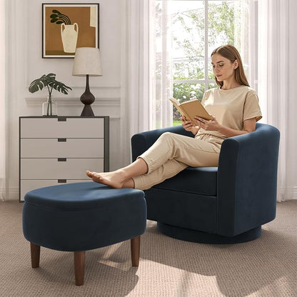 Swivel Accent Chair with Storage Ottoman, Modern Velvet Barrel Chair, Upholstered Armchair with Footrest for Living Room/Reading/Bedroom, 25.4'' D x 28.35'' W x 24.4'' H, Blue