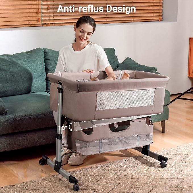 Soobaby Baby Crib,3 in 1 Bedside Crib Adjustable Portable Bed for Infant,Bassinet Baby Newborn Must Have Bed, Khaki
