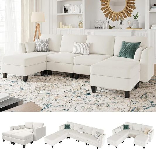 Modular Sectional Sofa, 6 Seaters Modular Sleeper Sofa Couch, Comfy Sectionals Couches Bed, Convertible Sofas with Ottomans, Sectional Couches for Living Room, Beige