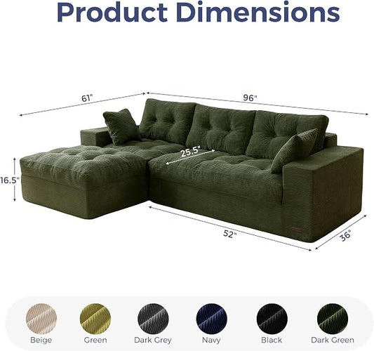 MAXYOYO 96" L Shaped Modular Sectional Sofa with Ottoman, Cloud Boneless Couch with Layered Cushion, Upholstered Sofa in a Box, Flexible Module Combination for Living Room, No Assembly, Dark Green