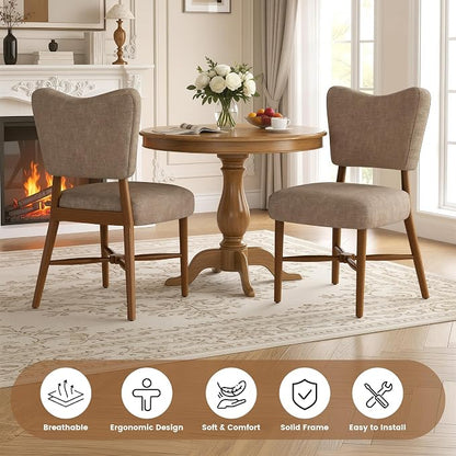 Farmhouse Dining Chairs Set of 2, Linen Seat, Wood Legs, Brown | Mid Century Modern, Upholstered Padded Cushion, Solid Wood Cross-Brace, Easy 15-Min Assembly, Kitchen Dining Room