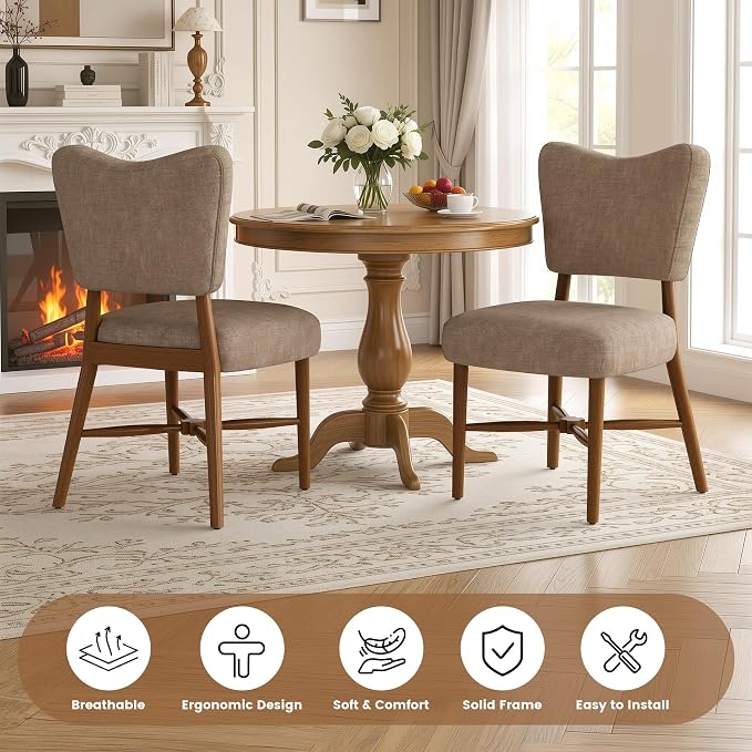 Dining Chairs Set of 6, Linen Upholstered, Solid Wood Legs, Brown | Mid Century Farmhouse, Cross-Brace Reinforced, Padded Cushion, Easy 15-Min Assembly, Kitchen Dining Room