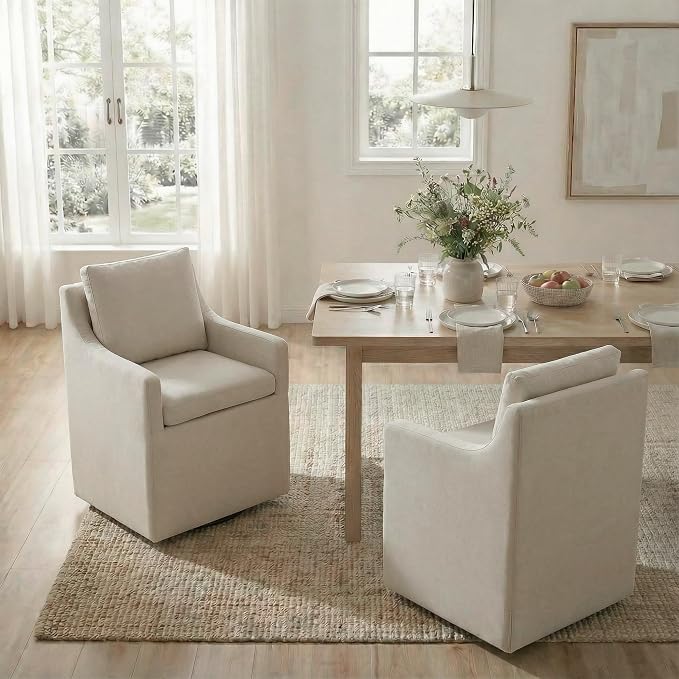 KISLOT Upholstered Dining Chairs Set of 2, Modern Dining Room Chairs with Casters & Washable Cover, Rolling Accent Chair with Hidden Storage for Kitchen, Farmhouse, Living Room, Flax Beige, 2 Boxs
