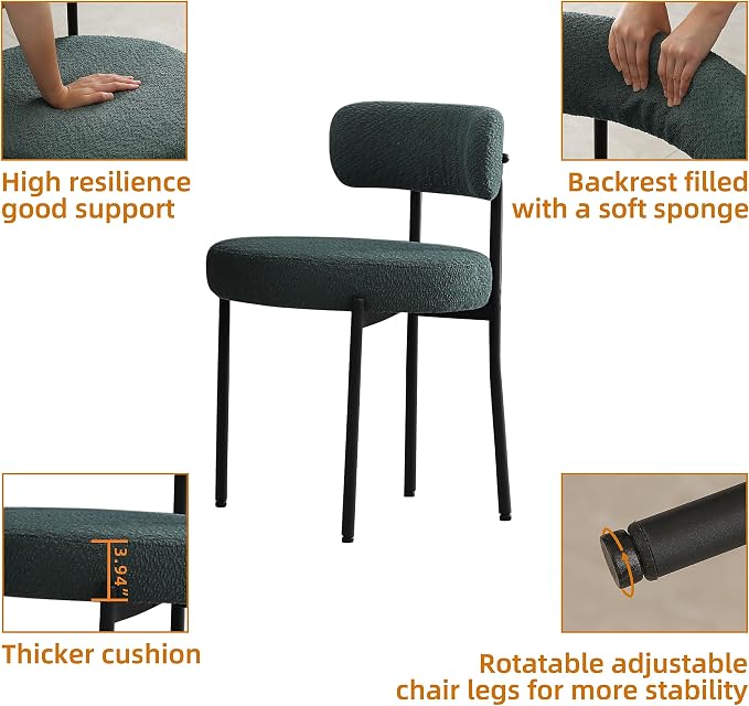 DYHOME Green Dining Chairs Set of 6, Mid-Century Modern Dining Chairs, Kitchen Dining Room Chairs, Curved Backrest Round Upholstered Boucle Sherpa Dining Chair with Black Metal Legs