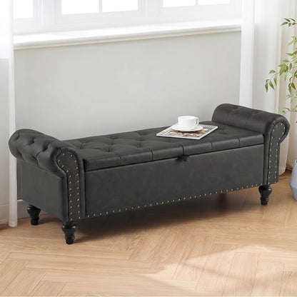 55" Storage Bench for Bedroom, Upholstered Ottoman Bench, Leather DarkGray | End of Bed Bench for Bedroom, Window Benches for Living Room, Entryway, Ottoman with Large Storage Space, Pet Friendly
