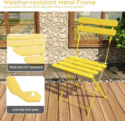 3-Piece Folding Bistro Set, 2 Chairs and 1 Table, Weather-Resistant Outdoor/Indoor Conversation Set with Heavy-Duty Powder-Coated Steel Frame for Patio, Yard, Garden (Yellow)