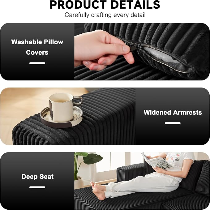 Weture 97" Modular Sectional Sofa, L-Shaped Boneless Couch with Deep Seat, Cozy Cloud Couch Sectional with Convertible Ottoman, Modern Sectional Couches for Living Room（ Black）
