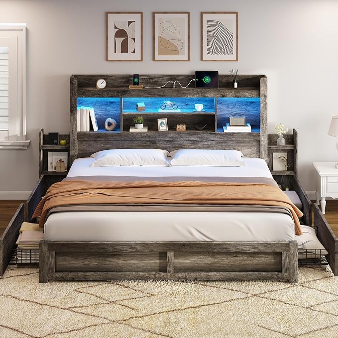 AMERLIFE California King Size Bed Frame with 4 Storage Drawers, LED Bed Frame with 49.6" Tall Bookcase Headboard, Wood Platform Bed with Charging Station & 2 Slide Bedside Shelf, Rustic Grey