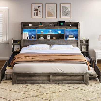 AMERLIFE California King Size Bed Frame with 4 Storage Drawers, LED Bed Frame with 49.6" Tall Bookcase Headboard, Wood Platform Bed with Charging Station & 2 Slide Bedside Shelf, Rustic Grey