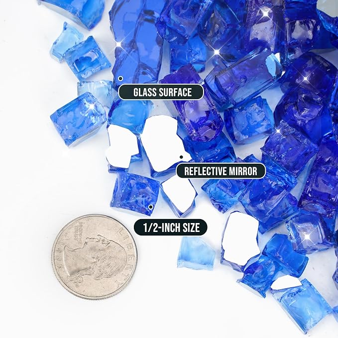 Skyflame High Luster 10-Pound Fire Glass for Fire Pit Fireplace Landscaping, 1/2-Inch Cobalt Blue Reflective