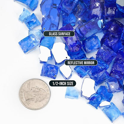 Skyflame High Luster 10-Pound Fire Glass for Fire Pit Fireplace Landscaping, 1/2-Inch Cobalt Blue Reflective