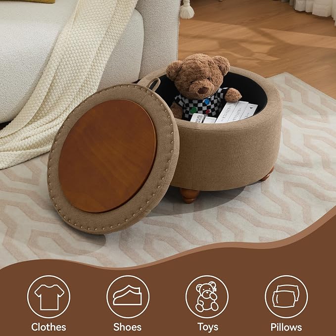 WUTUTUEE 24Inch Round Storage Ottoman with Tray, Modern Tufted Fabric Circle Coffee Table with Storage, Upholstered Ottoman with Removable Top for Living Room, Bedroom, Brown