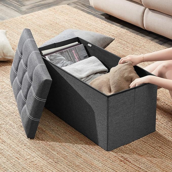 YOUDENOVA 30 Inch Storage Ottoman, Folding Ottoman with Storage, Linen Storage Bench Supports Up to 350 lbs, Footrest Seat for Living Room, Bedroom, Gray