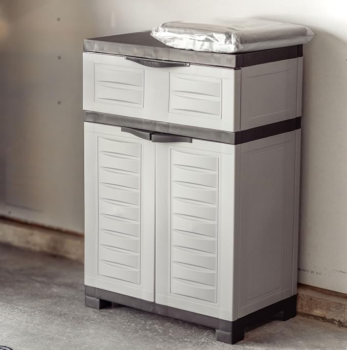 Sunnydaze 34.5" H Resin Garage Storage Cabinet - Garage Cabinet with Adjustable Shelf - Freestanding Utility Storage for Laundry Room, Office, Basement - Gray