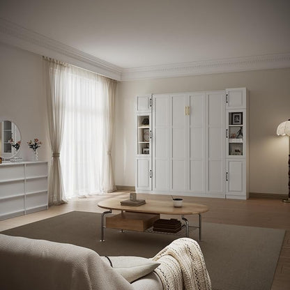 Bobve Farmhouse Murphy Bed Queen, 85" Wall Bed Folds to Save Space,Concealed Bed Frame with 1 Glass Storage Cabinet and Wall Mounted Features for Apartment/Office/Guest Room