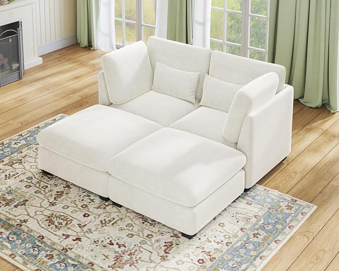 77" Oversized Chenille Couch Modular Sectional Sofa, Washable Cloud Couch Sectional with 2 Ottoman, 4 Seater Sectional Couches for Living Room, Fully Cover Removable, Chaise Lounge, Chenille, White