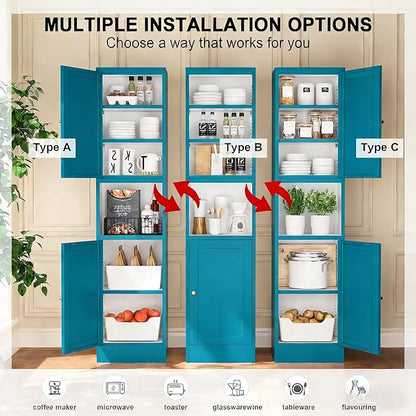 Blue Narrow Storage Cabinet Tall Metal Storage Cbinets with 4 Adjustable Shelves Freestanding 5 Tier Slim Pantry Cabinet for Kitchen Office Small Space