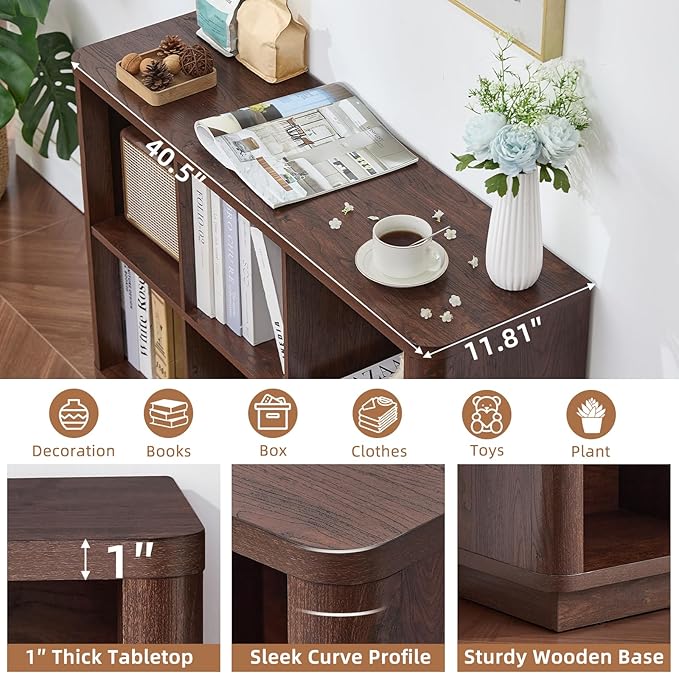 Joaxswe 6 Cube Bookcase, 40" Wide Low Horizontal Book Shelf w/Curved Edge, Wood Floor Standing 2-Tier Bookshelf with Base, Modern Short Storage Organizer for Bedroom,Office, Walnut