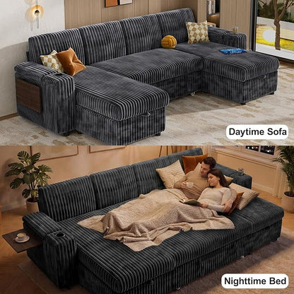 Vipbear 108" Modular Sectional Sleeper Sofa with Pull Out Bed, 4 Seat Plush Corduroy U Shaped Couch with USB Ports|Cup Holders|Side Table|Storage Chaise Armrests, Tool Free Assembly, Grey
