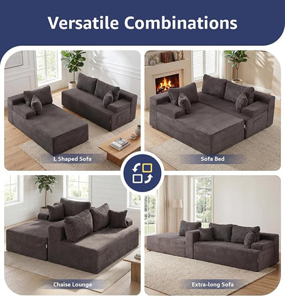 Hobestluk Modular Sectional Sofa Couches L-Shape Couch 3 Seat Modular Sofa Memory Foam Sectional Couches for Living Room, Cloud Couch with Oversized Chaise (Grey Corduroy, 96", Left Hand Facing)