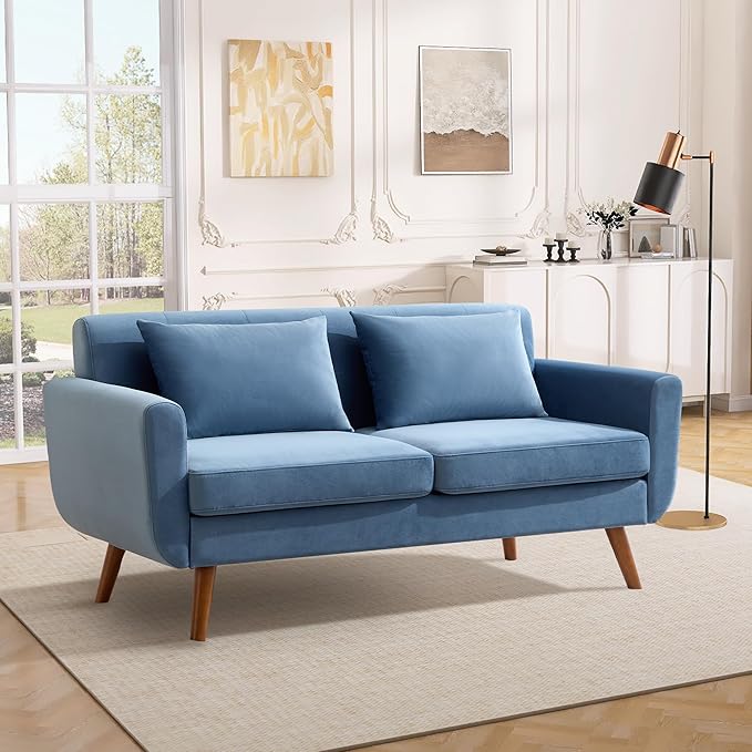 Tbfit 65" W Loveseat Sofa, Velvet Mid Century Modern Love Seat Couches for Living Room, Button Tufted Upholstered Small Couch for Bedroom, Solid and Easy to Install Love Seats Furniture, Blue | linen fabric