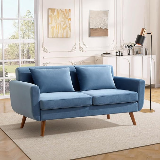 Tbfit 65" W Loveseat Sofa, Velvet Mid Century Modern Love Seat Couches for Living Room, Button Tufted Upholstered Small Couch for Bedroom, Solid and Easy to Install Love Seats Furniture, Blue | linen fabric