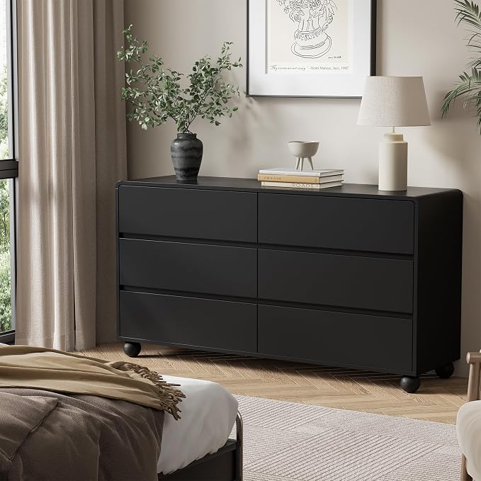 Furniway 3 Piece Bedroom Set, 6 Drawer Dresser and 2 Drawer Nightstand Set of 2 with Round Legs, Modern Wood Chest of Drawers Storage Cabinet for Bedroom, Black