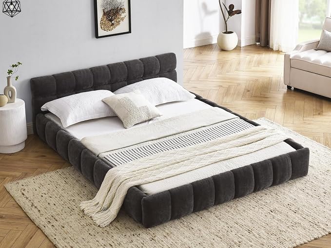 KEIKI Queen Thick Chenille Platform Bed Frame with Upholstered Tufted Headboard, Modern Solid Wood Floor Platform for Bedroom, No Box Spring Needed