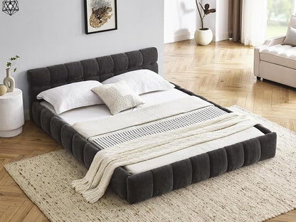 KEIKI Queen Thick Chenille Platform Bed Frame with Upholstered Tufted Headboard, Modern Solid Wood Floor Platform for Bedroom, No Box Spring Needed
