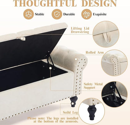 51" Storage Bench for Bedroom, Upholstered Ottoman Bench, Chenille Beige | End of Bed Bench for Bedroom, Window Benches for Living Room, Entryway, Ottoman with Large Storage Space, Pet Friendly