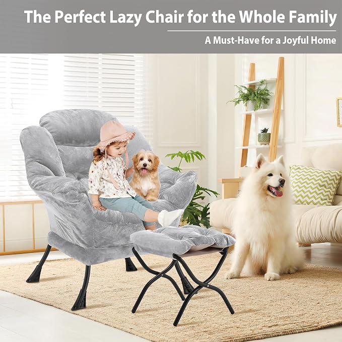 Youtanic Lazy Chair with Folding Ottoman, Accent Chair Plush Upholstered with Metal Structure and Non-Slip Pads, Sofa Armchair with Footrest and Side Storage Bag for Dorm, Room, Office, Light Gray
