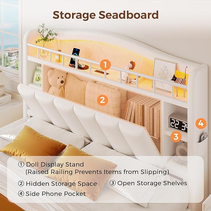 Queen Size Bed Frame with LED Storage Headboard & 2 Storage Drawers, Velvet Upholstered Bed with Vertical Tufted Headboard Design, USB & Type-C Charging Ports, Wooden Slats Support, Noise-Free, Beige