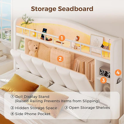 Queen Size Bed Frame with LED Storage Headboard & 2 Storage Drawers, Velvet Upholstered Bed with Vertical Tufted Headboard Design, USB & Type-C Charging Ports, Wooden Slats Support, Noise-Free, Beige