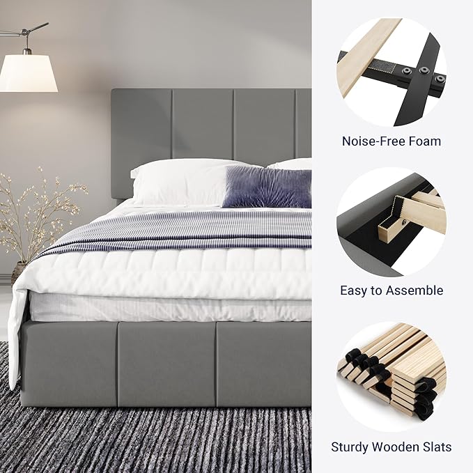 Allewie Full Size Dutch Velvet Upholstered Platform Bed Frame/Vertical Channel Tufted Adjustable Headboard/Low Profile Bed Frame/No Box Spring Needed/Easy Assembly/Grey