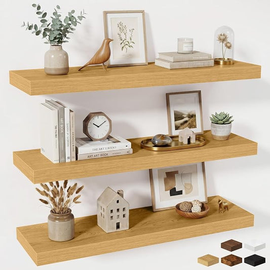 Fun Memories Floating Shelves for Wall 36 Inches, Wood Shelves with Invisible Bracket, 10" Deep Shelves Wall Mounted, Large Wood Floating Shelves for Living Room Bathroom, Oak, Set of 3