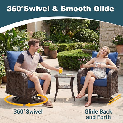 Patio Furniture Set, 7PCS Outdoor Wicker Conversation Set with 6" Thick Cushions, High Back Rattan Sofa & Swivel Rocker Chairs, Weather Resistant Olefin Fabric for Garden, Poolside, Navy Blue