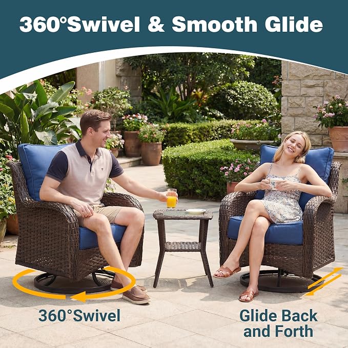 Patio Furniture Set, 12PCS Outdoor Wicker Conversation Set with 6" Thick Cushions, High Back Rattan Sofa & Swivel Rocker Chairs, Weather Resistant Olefin Fabric for Garden, Poolside, Navy Blue