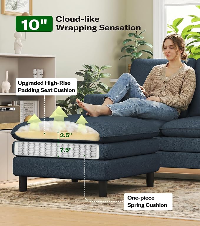 Welzona 3-Layers Cloud L Shaped Couch, 51" Loveseat Sofa Living Room, Bedroom - Tool-Free Assembly with Teddy Fabric Small L Shape Sofa - Blue Grey - Removable Washable Covers - 650lbs Capacity