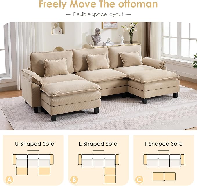 URRED Oversized Modular Sectional Sofa, 122" U Shaped Modern Comfy Cloud Couch with Movable Ottoman & Pillows, Deep Seat Couches for Living Room, Bedroom or Apartment (Corduroy Khaki, 122" U Shaped)