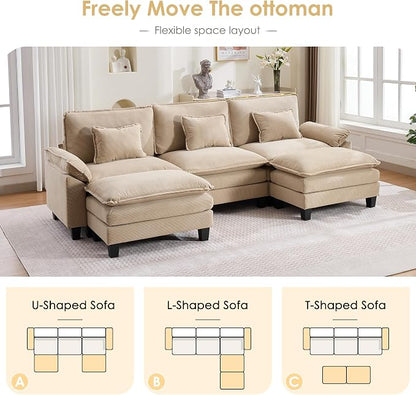 URRED Oversized Modular Sectional Sofa, 122" U Shaped Modern Comfy Cloud Couch with Movable Ottoman & Pillows, Deep Seat Couches for Living Room, Bedroom or Apartment (Corduroy Khaki, 122" U Shaped)