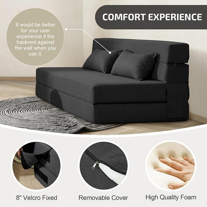 SUYOLS Convertible Folding Sofa Bed - Chair Bed Sleeper with Pillow, Modern Linen Fabric Fold Out & Futon Couch, Foldable Mattress for Living Room/Dorm/Guest Use/Home Office, Queen Size, Dark Gray