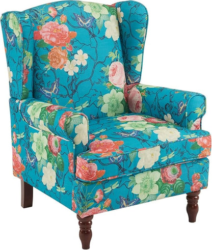 EROMMY Floral Accent Chair, Comfortable High Back Upholstered Armchair with Solid Wood Legs, Leisure Single Sofa Chair for Living Room, Bedroom, Home Office, Teal Floral