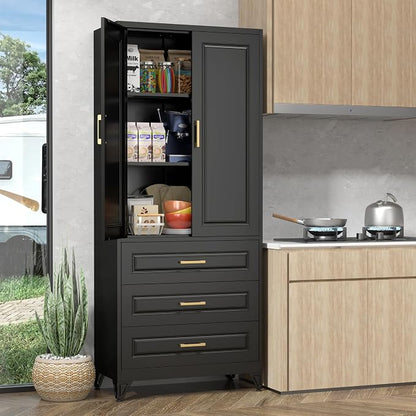 UNICOLY Pantry Kitchen Cabinet with Drawer, 75" Tall Pantry Storage Cabinet, Metal Storage Cabinets with Doors and Shelves, Large Freestanding Cupboard for Dining Room, Assembly Required, Black